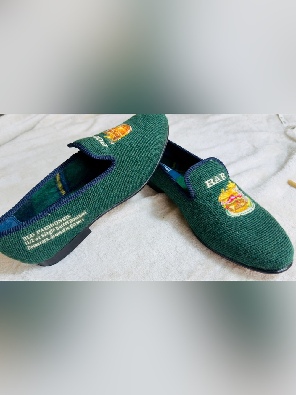 NEW Ralph Lauren Paxton The Polo Bar Green Needlepoint Slippers Loafers with bag